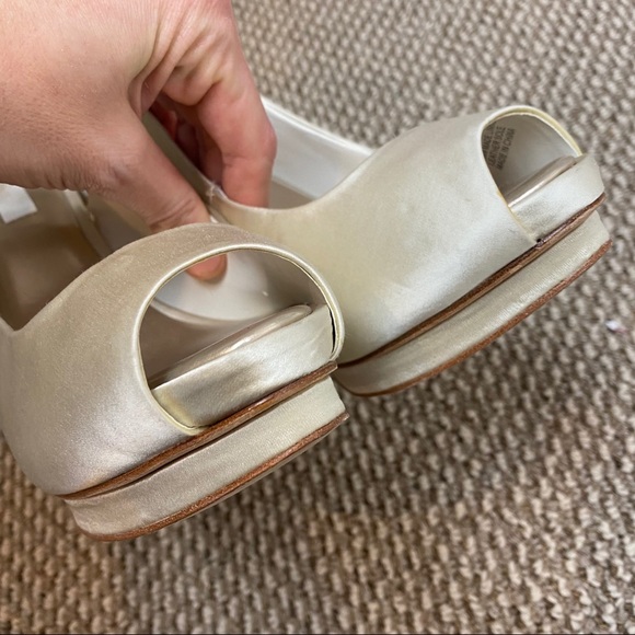 BCBG MAXAZRIA SATIN CREAM JEWELED PEEP TOE HEELS - Picture 5 of 15